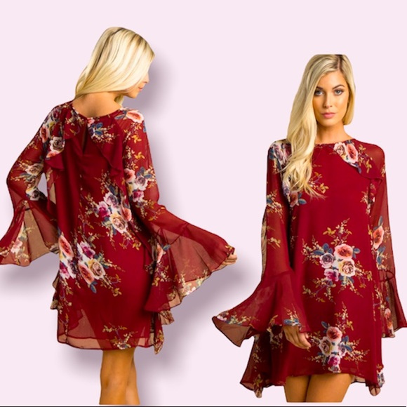Umgee Dresses & Skirts - Dress boho floral chiffon dress bell sleeves fashion style